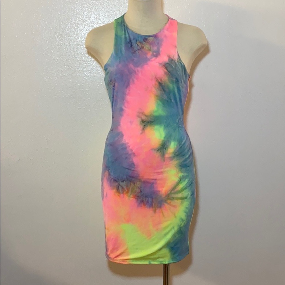 Neon tie dye body con dress